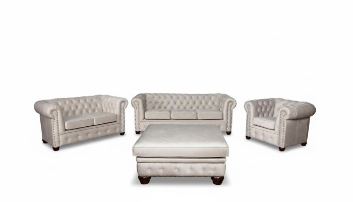 Ensemble de canapés Chesterfield, ensemble de canapés 3-2-1 + tabouret. Sièges rembourrés en textile.