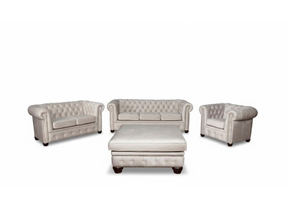 Ensemble de canapés Chesterfield, ensemble de canapés 3-2-1 + tabouret. Sièges rembourrés en textile.
