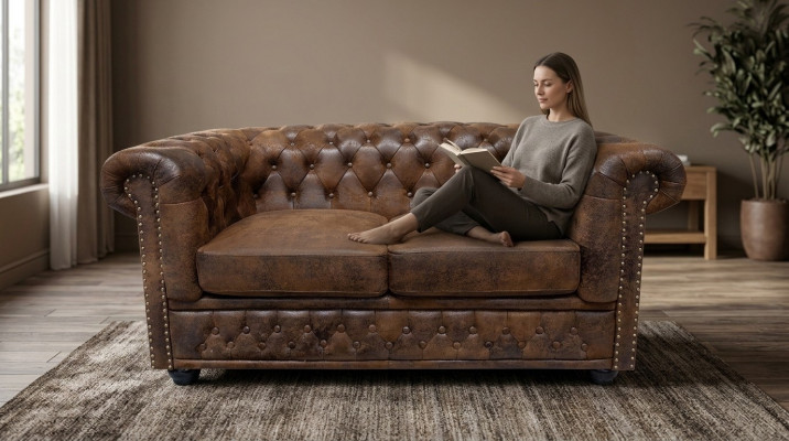 Chesterfield Textile Canapé Tissu 2 Places Canapés en Tissu Brun Deux Places