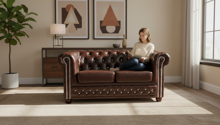 Classique Noble Canapé Chesterfield Deux Places en Tissu Marron