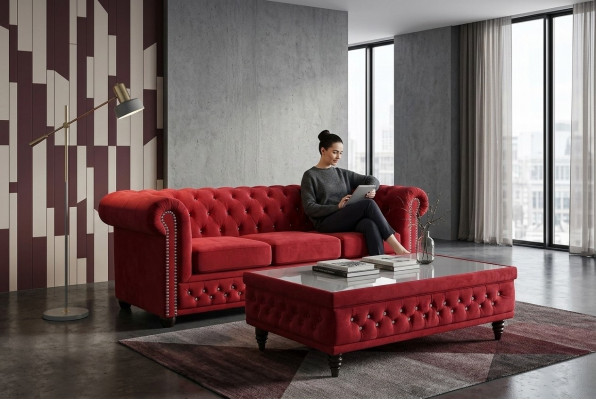 Chesterfield Tissu Canapé Tissu 2 Places Canapés Canapés Deux Places Rouge
