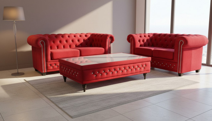 Chesterfield Tissu Canapé Tissu 2 Places Canapés Canapés Deux Places Rouge