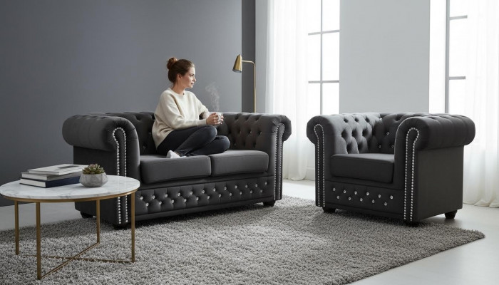 Chesterfield Textile Sofa Canapé Rembourrage en Tissu 2 Places Canapés en Tissu Deux Places Noir