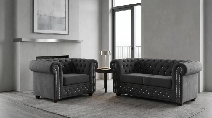 Chesterfield Textile Sofa Canapé Rembourrage en Tissu 2 Places Canapés en Tissu Deux Places Noir