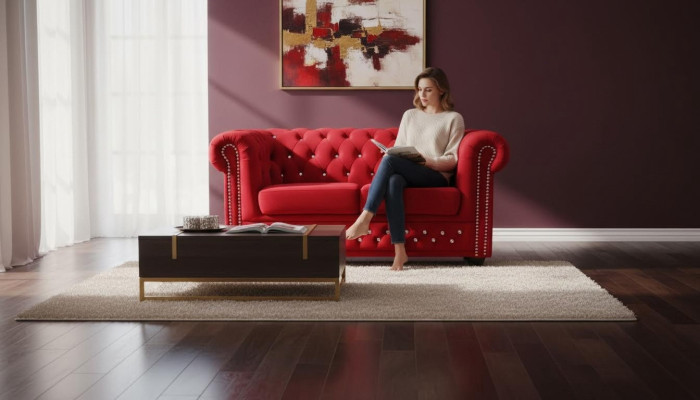 Chesterfield Textile Canapé Rembourré 2 places Canapés en tissu rouge Deux places