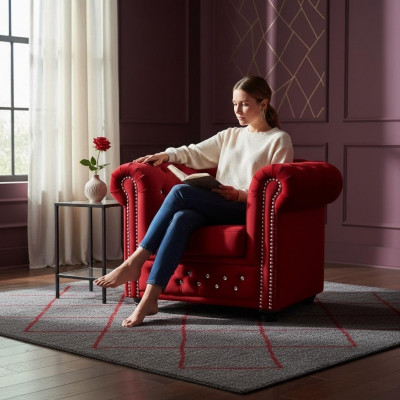Fauteuil moderne en tissu rouge Design Chesterfield 1 place, télévision.