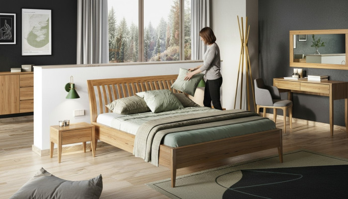 Chambre 3 pièces. Ensemble de lit en bois massif Tables de chevet 2x Lits Bois véritable