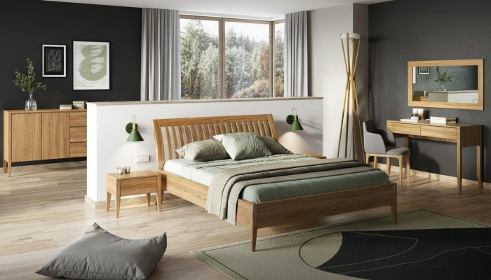 Chambre 3 pièces. Ensemble de lit en bois massif Tables de chevet 2x Lits Bois véritable