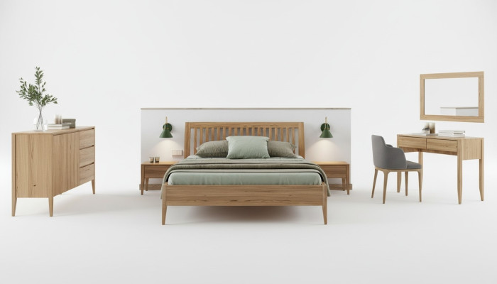 Chambre 3 pièces. Ensemble de lit en bois massif Tables de chevet 2x Lits Bois véritable