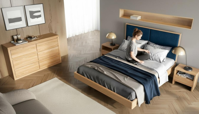 Chambre à coucher 3 pièces. Ensemble Lit Lit en bois massif Tables de chevet 2x Lits en bois véritable
