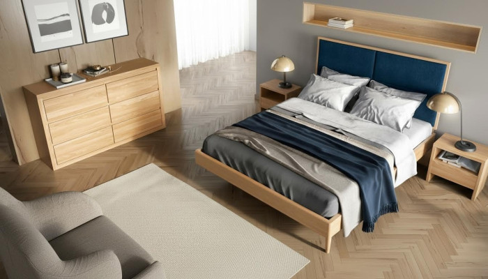Chambre à coucher 3 pièces. Ensemble Lit Lit en bois massif Tables de chevet 2x Lits en bois véritable