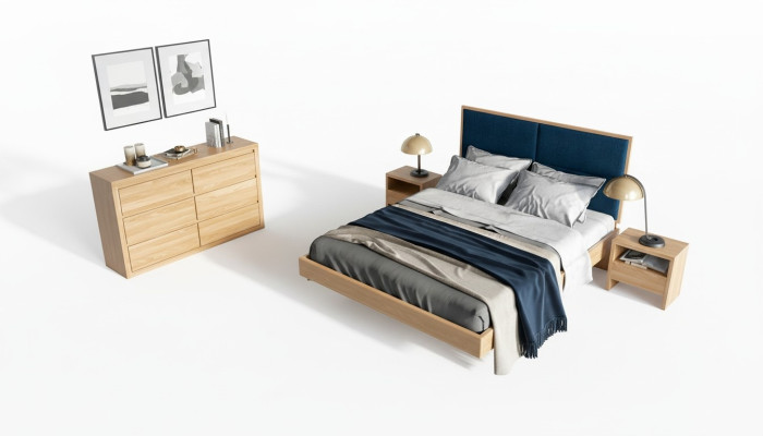 Chambre à coucher 3 pièces. Ensemble Lit Lit en bois massif Tables de chevet 2x Lits en bois véritable