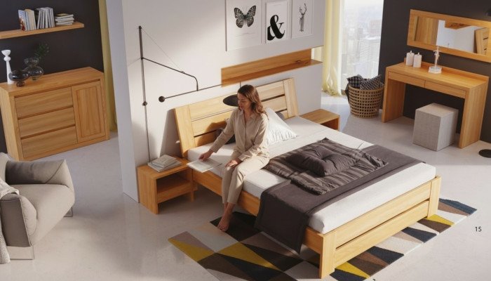 Ensemble de chambre à coucher 5 pièces. Lit 2x Table de chevet + table de maquillage Miroir en bois massif Mobilier neuf