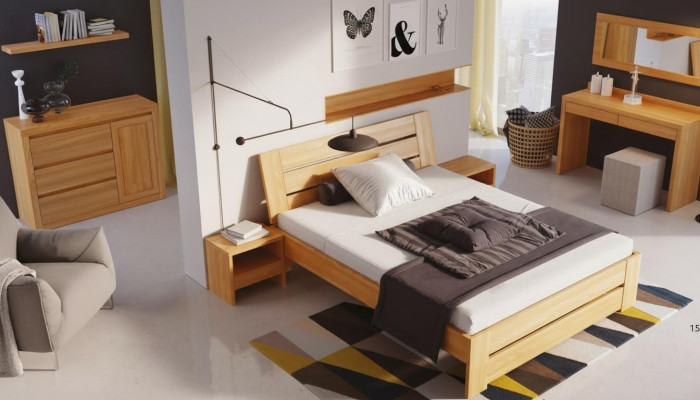 Ensemble de chambre à coucher 5 pièces. Lit 2x Table de chevet + table de maquillage Miroir en bois massif Mobilier neuf