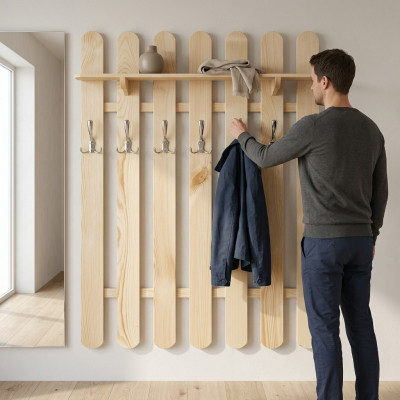 Armoire murale avec 7 crochets, panneau mural couloir en bois massif