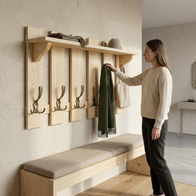 Panneau de garde-robe 70x40 cm porte-manteau mural en pin massif 6 crochets