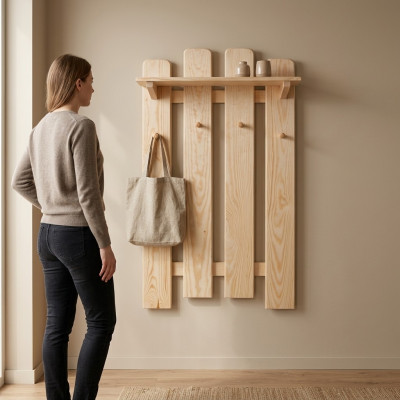 Panneau d'armoire en pin massif, Porte-manteau mural en bois pour couloir, Neuf