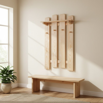 Panneau d'armoire en pin massif, Porte-manteau mural en bois pour couloir, Neuf