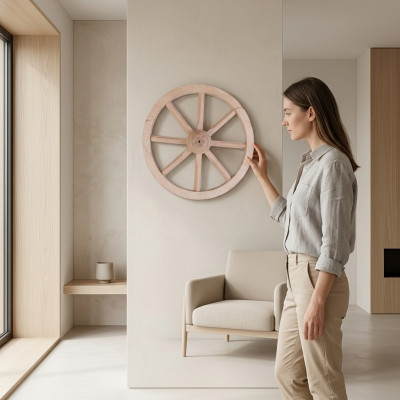 Roue en bois, roue décorative Ø 40 cm, roue à rayons blanchie, décoration murale en forme de roue de charrette de jardin