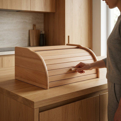 Boîte à pain en hêtre de 40 cm, boîte à rouleau de pain, boîte à volet roulant, boîte à pain en bois massif.