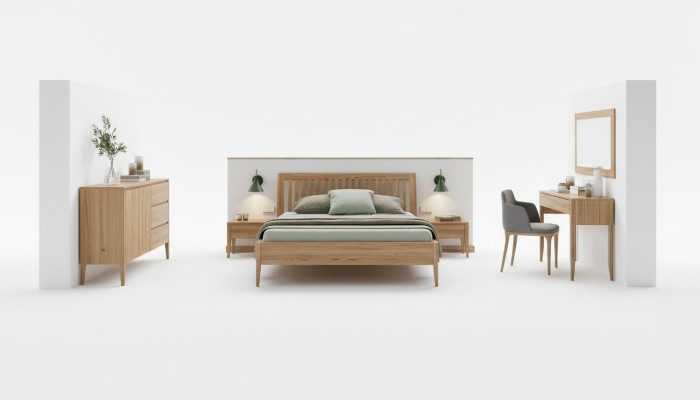 Ensemble de chambre à coucher en vrai bois 6 pièces. Set 2x Table de chevet Coiffeuse Commode Miroir