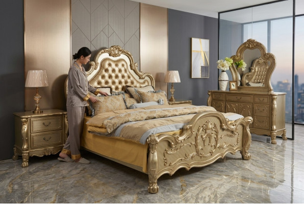 Lit Lit rembourré Chambre double de luxe en bois de style baroque Lits en cuir