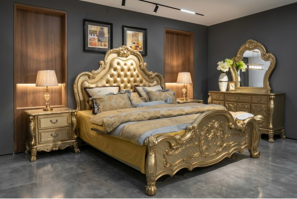 Lit Lit rembourré Chambre double de luxe en bois de style baroque Lits en cuir