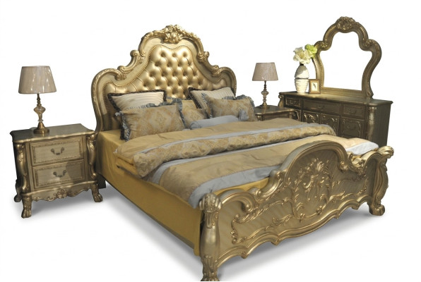 Lit Lit rembourré Chambre double de luxe en bois de style baroque Lits en cuir