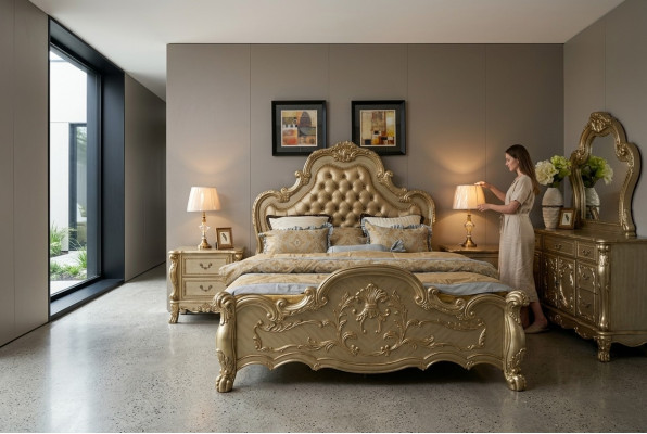 Lit + 2x Table de nuit 3 pcs. Ensemble de chambre à coucher de luxe Designer Baroque