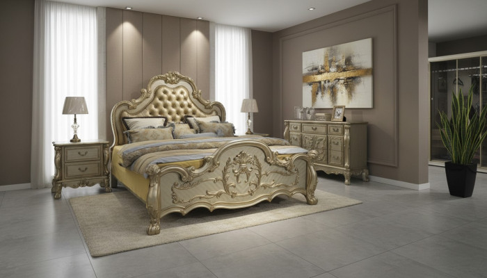 Lit + 2x Table de nuit 3 pcs. Ensemble de chambre à coucher de luxe Designer Baroque