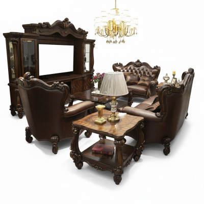 Ensemble de canapés 3 places Canapé en cuir Suite Rembourrage Ensemble en bois Baroque
