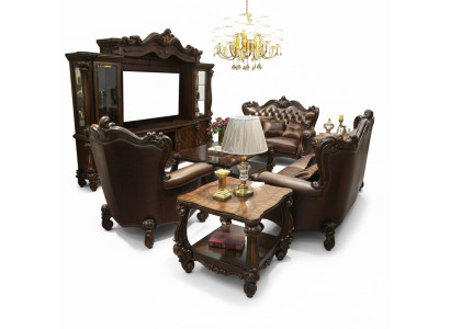 Ensemble de canapés 3 places Canapé en cuir Suite Rembourrage Ensemble en bois Baroque