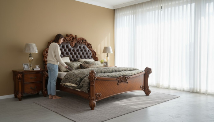 Ensemble de chambre à coucher Lit + 2x Table de chevet Chesterfield Bois Cuir Lits Rembourrage