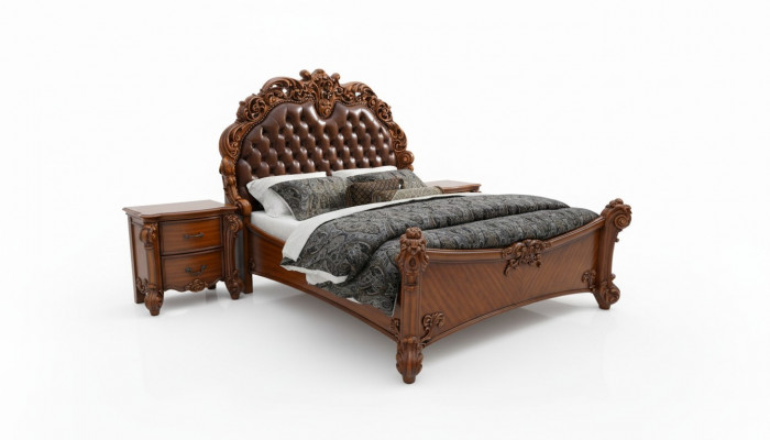 Ensemble de chambre à coucher Lit + 2x Table de chevet Chesterfield Bois Cuir Lits Rembourrage