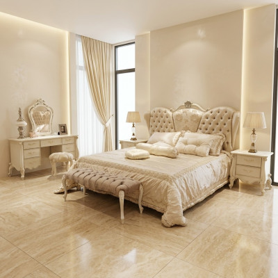 Design luxueux de literie pour lit double en cuir Chesterfield de chambre de couchage d'hôtel.