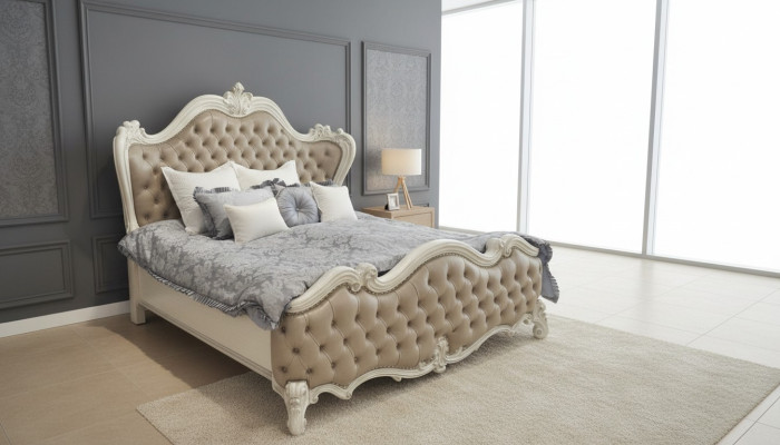 Chambre classique de luxe 4 pièces. Lit, tables de chevet, garde-robe