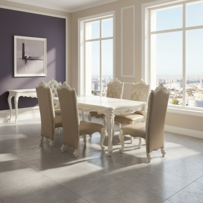 Ensemble de salle à manger Baroque-Rococo Table à manger x6 chaises en cuir Chesterfield