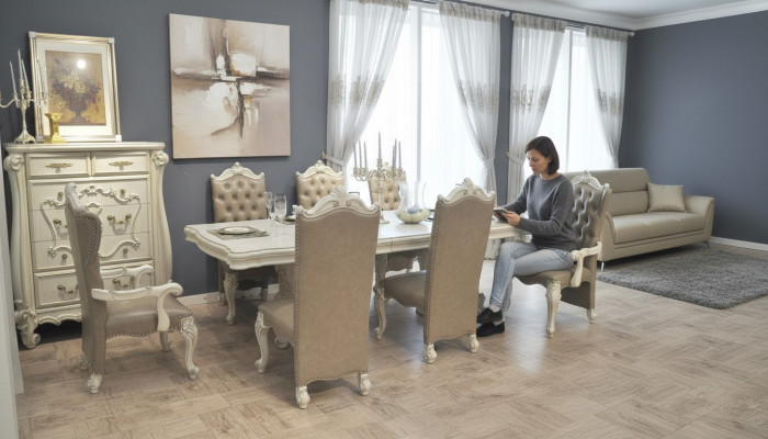 Ancien ensemble de salle à manger blanc Grandes table de salle à manger avec des chaises Chesterfield en cuir