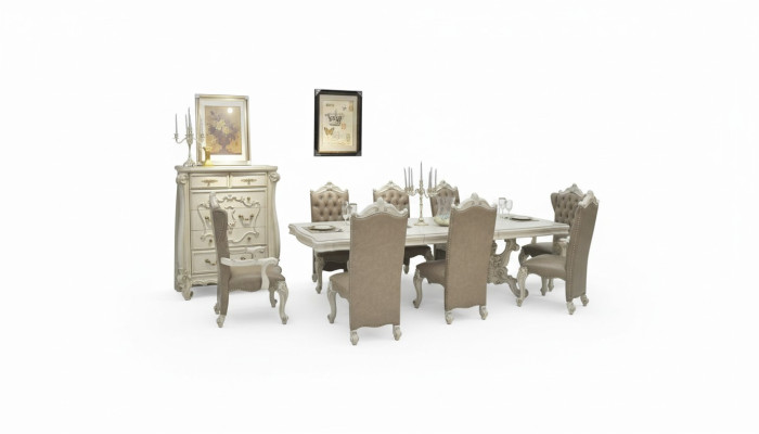 Ancien ensemble de salle à manger blanc Grandes table de salle à manger avec des chaises Chesterfield en cuir