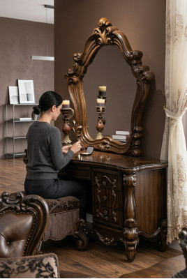 Meubles baroques sculptés Coiffeuse Tabouret Miroir Chambre Commode 3 pièces