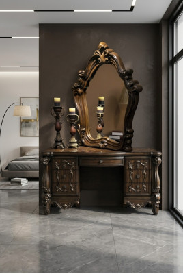 Meubles baroques sculptés Coiffeuse Tabouret Miroir Chambre Commode 3 pièces