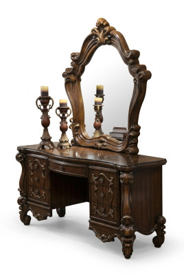 Meubles baroques sculptés Coiffeuse Tabouret Miroir Chambre Commode 3 pièces
