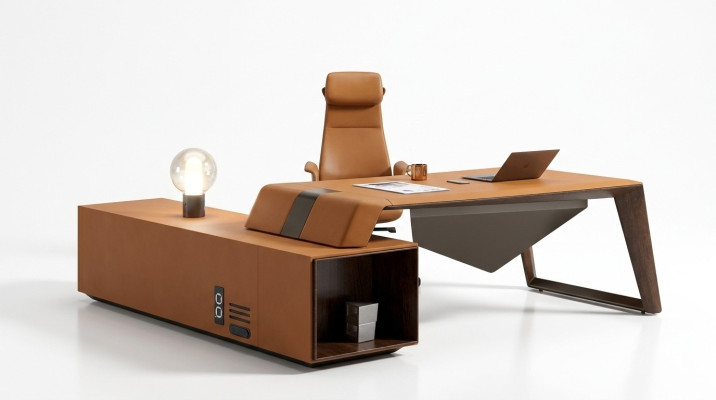 Designer Büro Arbeitszimmer Set Sessel Eckschreibtisch Komplettset   Translation: Ensemble de bureau design pour salle de travail comprenant un fauteuil, un bureau d'angle et un ensemble complet.