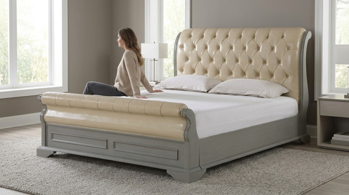 Lit double Chesterfield Design Gris 180x200 Lits Lit Mobilier en cuir Rembourrage