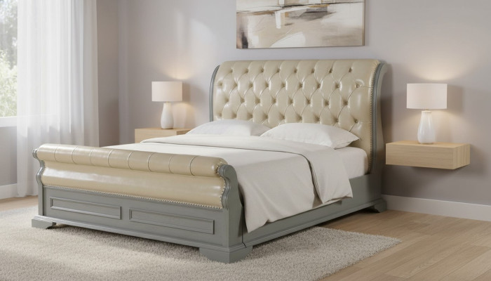 Lit double Chesterfield Design Gris 180x200 Lits Lit Mobilier en cuir Rembourrage