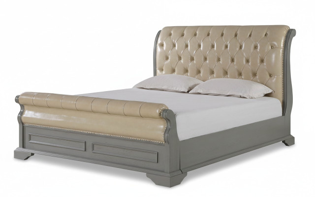 Lit double Chesterfield Design Gris 180x200 Lits Lit Mobilier en cuir Rembourrage