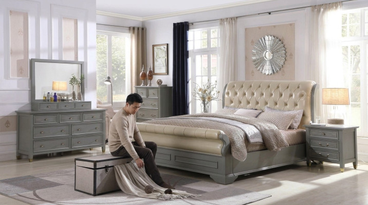Conception de rembourrage de lit de luxe en bois pour lits doubles d'hôtel avec chambre pour sommeil de mariage en cuir gris.
