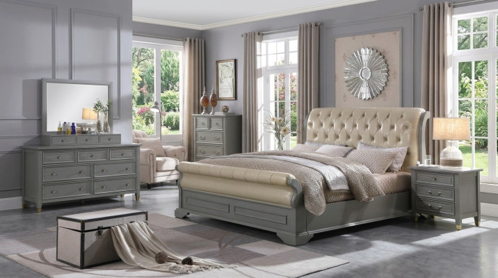 Conception de rembourrage de lit de luxe en bois pour lits doubles d'hôtel avec chambre pour sommeil de mariage en cuir gris.