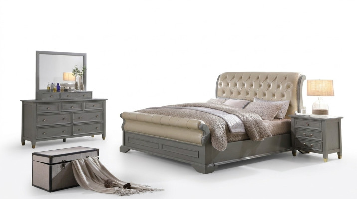 Conception de rembourrage de lit de luxe en bois pour lits doubles d'hôtel avec chambre pour sommeil de mariage en cuir gris.