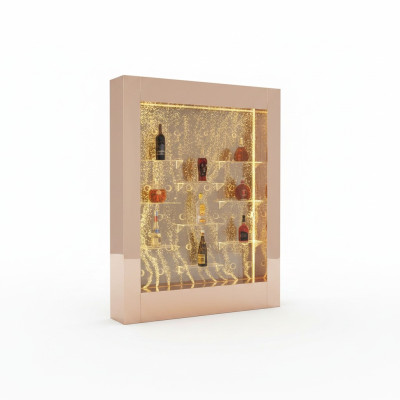 Mur d'eau avec étagère de bar, colonne d'eau, comptoir étagères éclairé par un designer